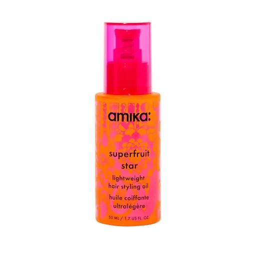 amika superfruit star lightweight hair styling + heat defense oil, 1.7oz | heat protection, strengthen + reduce breakage, smooth frizz, add glossy shine